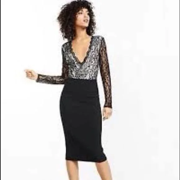 EXPRESS SIZE M LONG SLEEVE BLACK EMBROIDERED LACE BODYSUIT - Picture 1 of 11